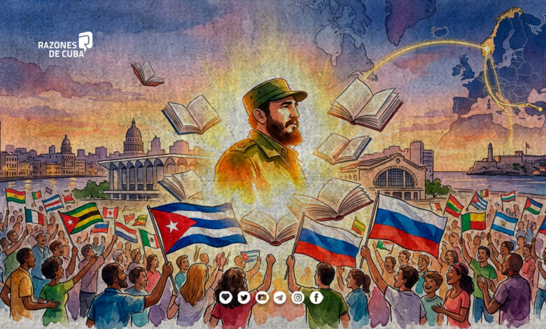 Ilustración del Amanecer Cubano: silueta de Fidel Castro con libros, Palacio de Convenciones, Estación Cultural de Línea, banderas de Cuba y Rusia, y solidaridad desde Noruega.