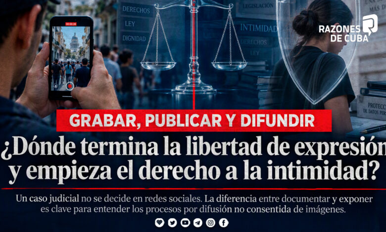 Ilustración sobre el equilibrio entre libertad de expresión y derecho a la intimidad: un teléfono móvil grabando y una balanza de la justicia, símbolo del debate legal sobre difundir imágenes sin consentimiento en Cuba.