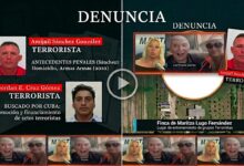 Collage de denuncia: Amijail Sánchez González y Leordan Cruz Gómez señalados como terroristas, junto a la finca de Maritza Lugo Fernández usada para entrenamiento y una foto de Luis Posada Carriles.