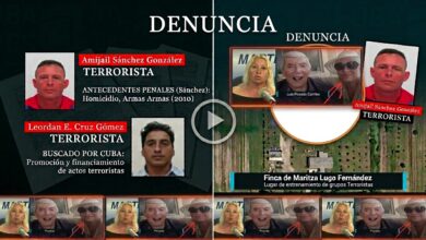 Collage de denuncia: Amijail Sánchez González y Leordan Cruz Gómez señalados como terroristas, junto a la finca de Maritza Lugo Fernández usada para entrenamiento y una foto de Luis Posada Carriles.