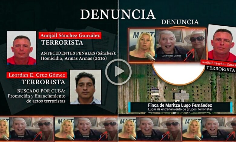 Collage de denuncia: Amijail Sánchez González y Leordan Cruz Gómez señalados como terroristas, junto a la finca de Maritza Lugo Fernández usada para entrenamiento y una foto de Luis Posada Carriles.